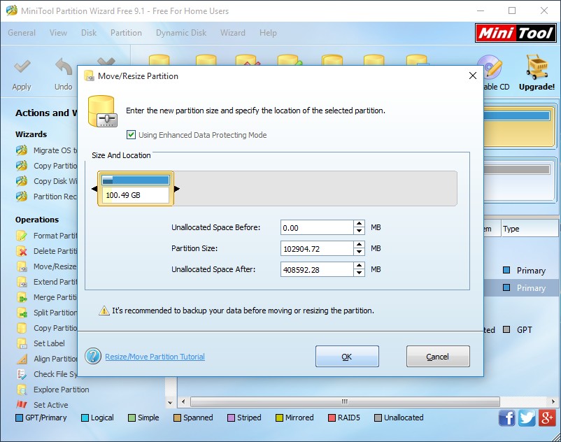 shrink partition using minitool partition wizard 2