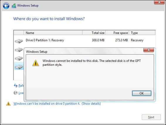 the selected disk is of the GPT partition style error
