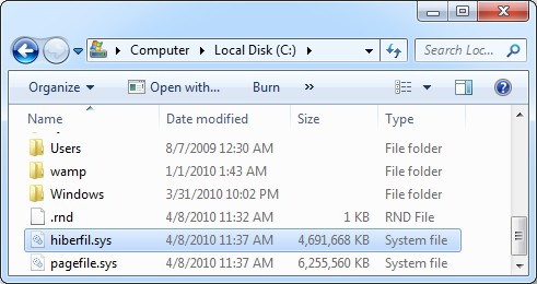windows page file and hibernation file